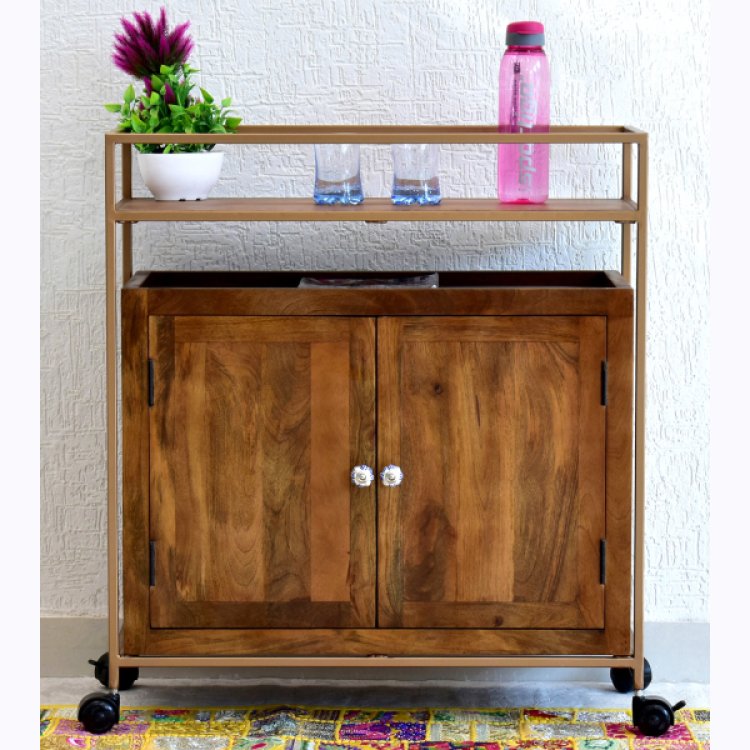 SamDecors Solid Wood Adam Multipurpose Bar Trolley with Two Door Cabinet with Iron Frame in Golden Finish