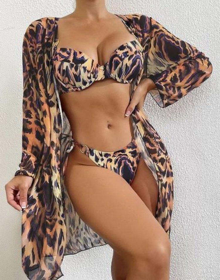 3PCS Leopard Print Bikini Set With Cover Up