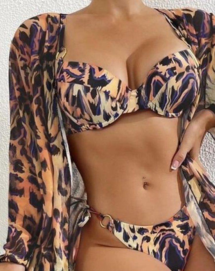 3PCS Leopard Print Bikini Set With Cover Up