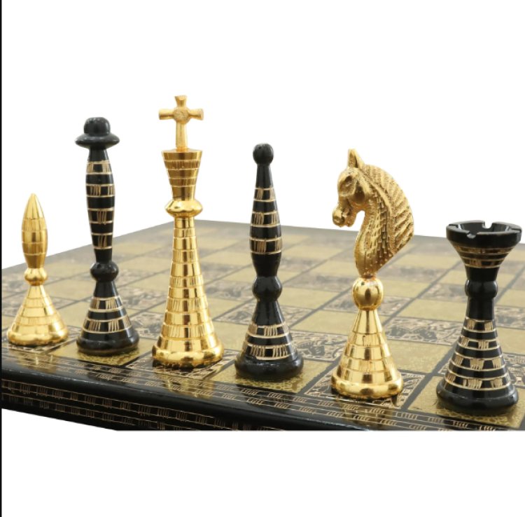 Solid Brass Metal Tribal Artwork Warli Luxury Chess Pieces & Board Set- 12"