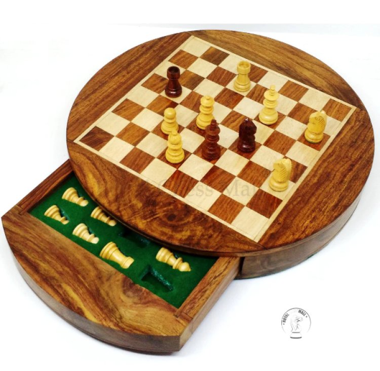9 inch Round Magnetic Travel Chess set with Drawer Golden Rose wood – Royal Chess Mall India