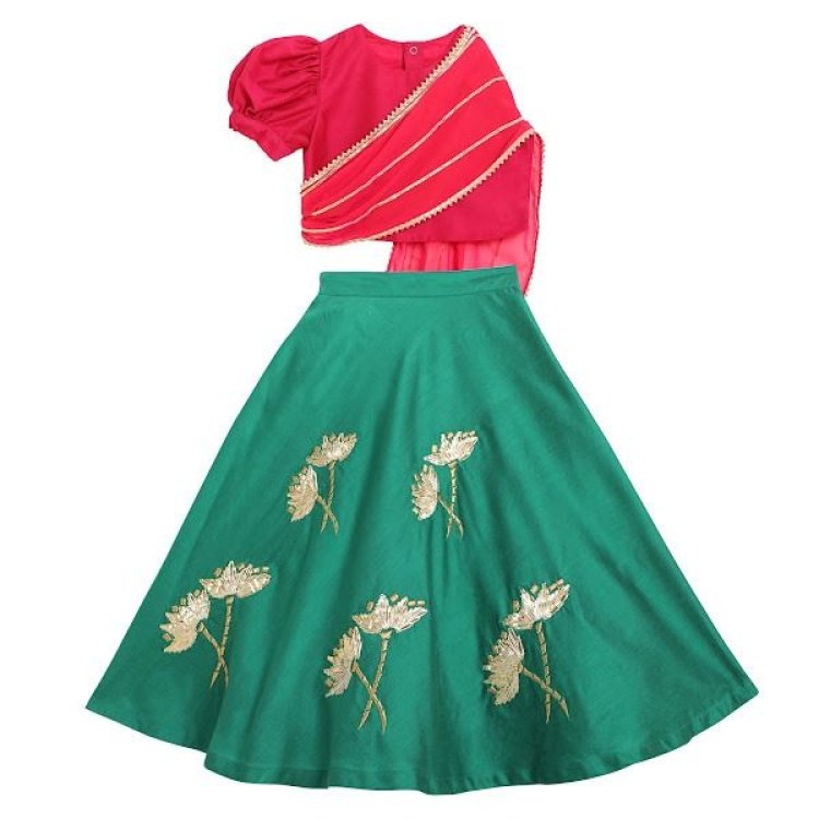 Buy Kiddorama-Fushia and green lotus lehenga blouse set online