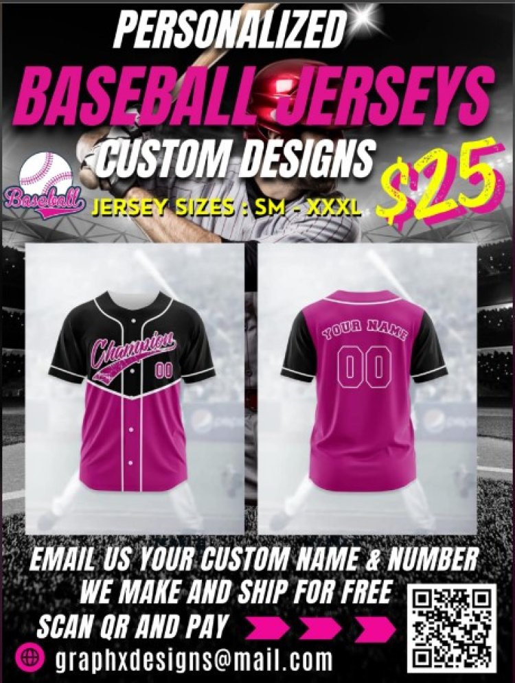 Stand Out in Style with Our Women’s Personalized Pink & Blue Baseball Jersey!